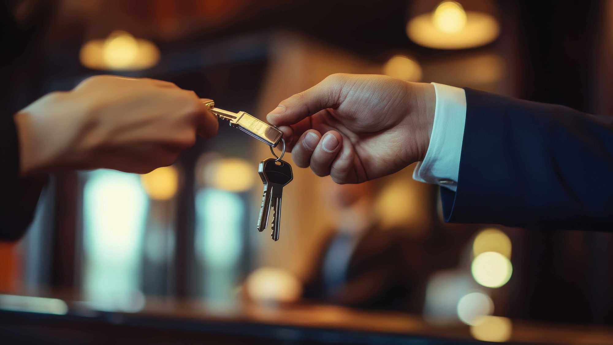 A man's hand gives a woman's hand a bunch of keys belonging to one of Vista Magnifika's large luxury villas. 